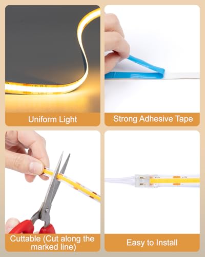 JUSJUBR LED Shelf Lights, 16.4ft 12V Dimmable Cuttable COB LED Strip Lights, Warm White 3000K, Under Shelf Lighting for Bookshelf, Display Cabinet, Closet, Kitchen and Pantry - color: Warm White 3000K, size: 1*16.4ft 12V COB Light