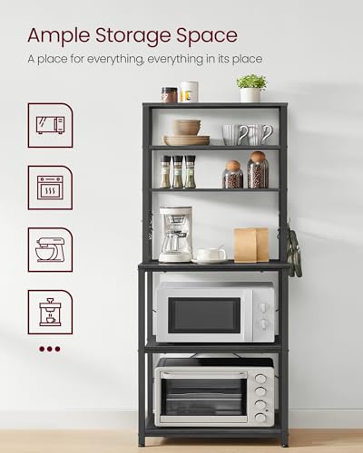 VASAGLE Coffee Bar, 23.6 Inches 6-Tier Baker's Rack with 6 Hooks | Industrial Microwave Stand, 15.8 x 23.6 x 65.8 Inches, Charcoal Gray and Ink Black, BARNET Collection UKKS024B22 - color: Charcoal Gray + Ink Black, size: 23.6"W, style: No Power Outlet