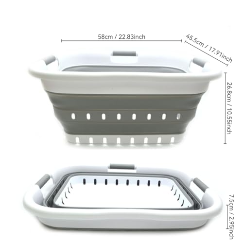 SAMMART 41L (10.8 gallon) Collapsible 3 Handled Plastic Laundry Basket - Foldable Pop Up Storage Container/Organizer - Portable Washing Tub - Space Saving (3 handled rectangular, White/Grey)