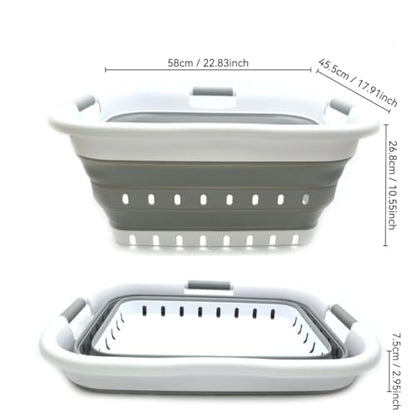 SAMMART 41L (10.8 gallon) Collapsible 3 Handled Plastic Laundry Basket - Foldable Pop Up Storage Container/Organizer - Portable Washing Tub - Space Saving (3 handled rectangular, White/Grey)