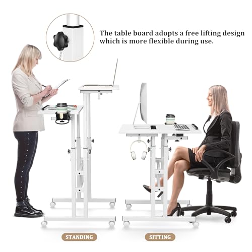 Enayplon Small Standing Desk with Wheels, Mobile Stand Up Desk, Portable Standing Table on Wheels for Walking Pad, Rolling Computer Desk Adjustable Height, Tall Table - color: White