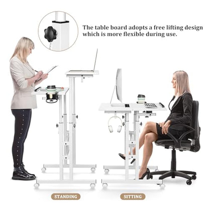 Enayplon Small Standing Desk with Wheels, Mobile Stand Up Desk, Portable Standing Table on Wheels for Walking Pad, Rolling Computer Desk Adjustable Height, Tall Table - color: White