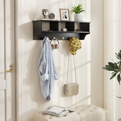 RELAX4LIFE Coat Rack Wall Mount with Shelf, 31’’ Wood Hanging Shelf with Storage, 3 Cubby Compartment & 4 Hooks for Entryway Bathroom Kitchen, Wall Mounted Floating Shelf with Hooks (Black) - color: Black