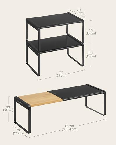 SONGMICS HOME Spice Rack, Expandable Cupboard Shelf Orgnizer,Bamboo | Kitchen Counter Shelves, Bamboo and Steel, Stackable, Ink Black, BYSTRO Collection UKCS051B01 - color: Light Bamboo + Ink Black, size: 2 Pack