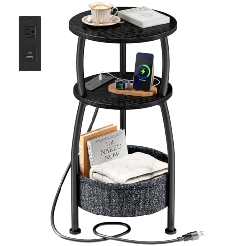 Side Table with Charging Station, Small Round End Table with Basket | Small Coffee Table with USB Type-C Port, 3-Tier Bedside Corner Table Stand for Living Room, Bedroom, Garden 11.8in Black - color: Classic Black, size: 11.81" Dia With Power Strip