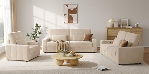 COPIAE Loveseat Sofa, Larger Couch Velvet Fabric with Storage, Charging Ports, Heightened Backrests, Removable Cover Modern Comfy Couches Easy Assembly for Living Room, 88 Inch Beige - color: Beige