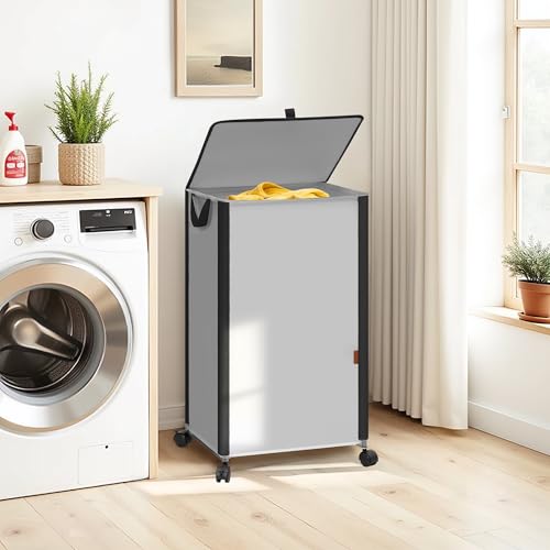 STORAGE MANIAC Rolling Laundry Hamper with Lid, 23.7 Gal (90 L) Large Tall Laundry Basket with Wheels & Handles, Aesthetic Dirty Clothes Hamper for Small Space, Dorm, Apartment, College, Gray - color: Gray
