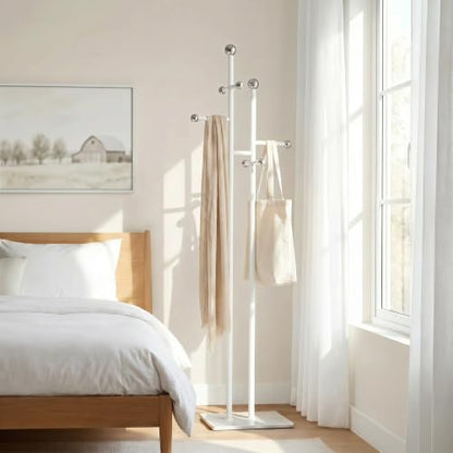Bedroom Coat Rack Freestanding, Heavy White Marble Base | 1.0mm thickened white metal tree with 8 stainless steel hooks. Anti-toppling organizer for modern bedroom & living room. - color: all white