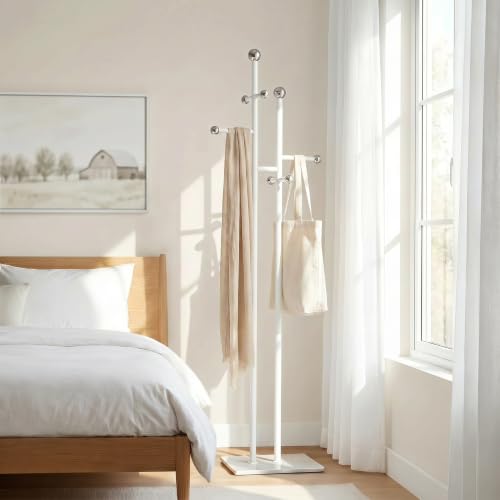 Bedroom Coat Rack Freestanding, Heavy White Marble Base | 1.0mm thickened white metal tree with 8 stainless steel hooks. Anti-toppling organizer for modern bedroom & living room. - color: all white