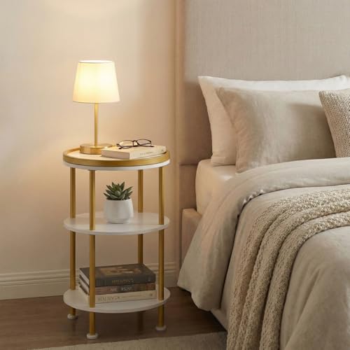 Small Round Side Table, White & Gold, 3-Tier Modern Side Table | Gold Round End Table with White Shelves, Nightstand for Bedroom, Living Room, Dorm, Nursery, 21.7" H Narrow Gold Accent Table - color: White + Gold, style: Classic