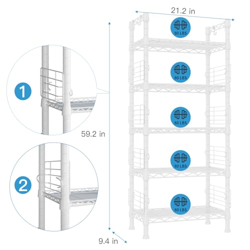 Metal Storage Rack, Storage Organizer Shelves for Kitchen, Bathroom, Living Room, Balcony and Garage, 5 Tiers Narrow Bookshelf, 21.2" W x 9.4" D x 59.2" H, Load 400lbs, White | 5 Tiers Narrow Bookshelf, Storage Rack for Bathroom, Living Room, Balcony and
