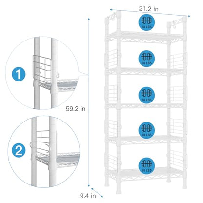 Metal Storage Rack, Storage Organizer Shelves for Kitchen, Bathroom, Living Room, Balcony and Garage, 5 Tiers Narrow Bookshelf, 21.2" W x 9.4" D x 59.2" H, Load 400lbs, White | 5 Tiers Narrow Bookshelf, Storage Rack for Bathroom, Living Room, Balcony and