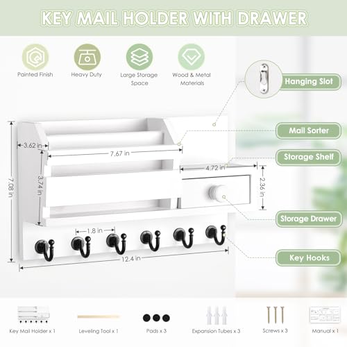 VIS'V Key Holder Wall Mount, Wooden Mail and Key Organizer, White | Contains Little Drawer, Small Shelf, 2 Slots, 6 Hooks, for Entryway, Hallway, Doorway, Kitchen, Garage, RV - color: White
