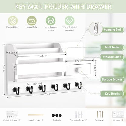 VIS'V Key Holder Wall Mount, Wooden Mail and Key Organizer, White | Contains Little Drawer, Small Shelf, 2 Slots, 6 Hooks, for Entryway, Hallway, Doorway, Kitchen, Garage, RV - color: White