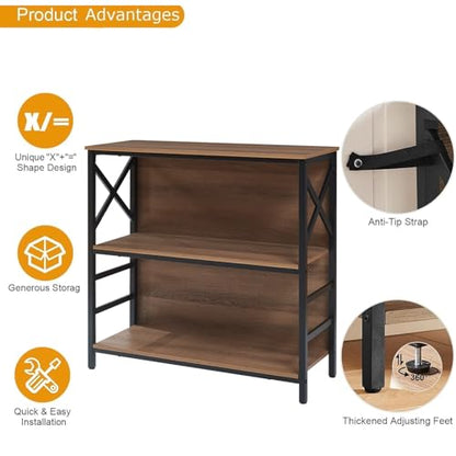 MNEETRUNG Small Bookshelf,3 Tier Industrial Bookcase with Metal Frame and Backboard,Low Rustic Brown Book Shelf,Book case for Small Spaces,Living Room,Bedroom and Home Office - color: Brown, size: 3-Tier (29.5"W x 11.8"D x 29.2"H)
