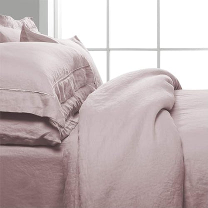 Simple&Opulence 100% Washed Linen Duvet Cover Set with Embroidered,2 Pieces Soft Farmhouse Comforter Set with Button Closure,1 Duvet Cover and 1 Pillowsham(Twin,Dusty Pink) - color: Embroidery Dusty Pink, size: Twin