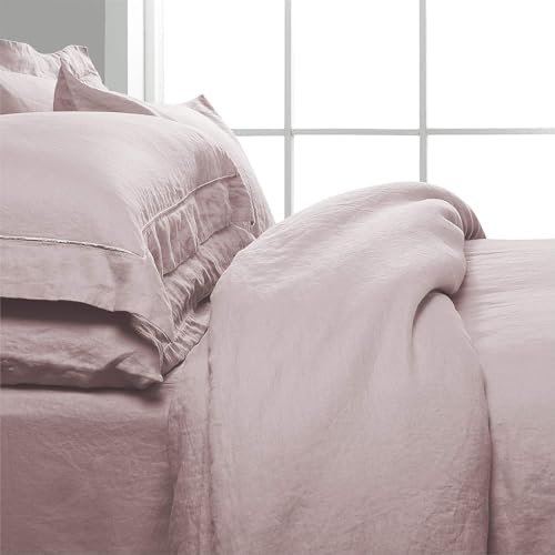 Simple&Opulence 100% Washed Linen Duvet Cover Set with Embroidered,3 Pieces Soft Farmhouse Comforter Set with Button Closure,1 Duvet Cover and 2 Pillowshams(Full,Dusty Pink) - color: Embroidery Dusty Pink, size: Full