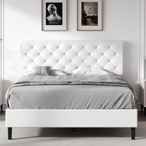 REVOMINCA Full Size Platform Bed Frame with Headboard, White | Faux leather upholstery with wooden slat support, no box spring needed. - color: White, size: Full