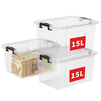 Cetomo 18Qt*3 Plastic Storage Bins, Storage Box, 3 Pack, Organizing Container with Durable Lids and Secure Latching Buckles, Stackable and Nestable, Clear with Black Buckle - size: 15L*3
