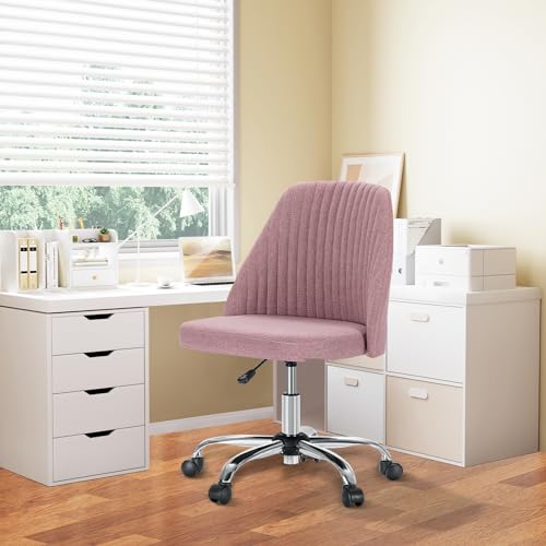 Armless Desk Chair with Comfortable Fabric Cover,Modern Home Office Chairs with Swivel Wheels for Computer Task Chairs Cute Vanity Chairs Adjustable Height for Living Room,Bed Room,Conference Office - color: Pink