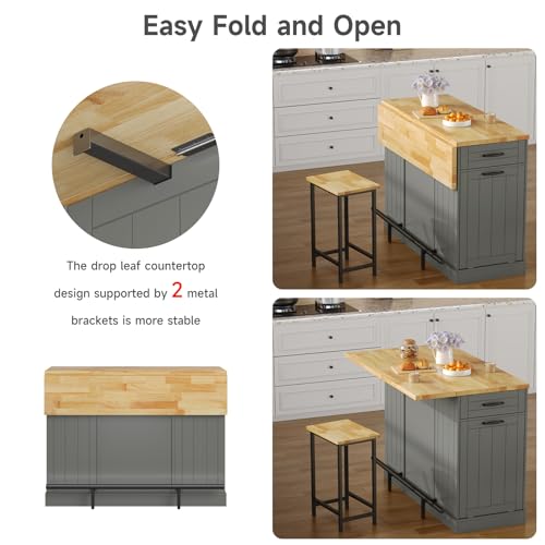 47" Kitchen Island with Seating, Stationary Island Table with Storage Include 2 Chairs, Kitchen Islands with Drop Leaf, Dining Table with Trash Cabinet & Power Outlet & Spice Rack, Grey - color: Grey