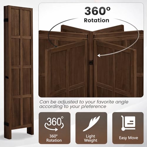 6 Panel Wood Room Divider and Folding Privacy Screen 67″, Brown | Solid Paulownia Wood Room Partition with 360° Hinges, Freestanding Wall Divider for Room Separation, Home, Bedroom, Office - color: 6 Panels Brown, size: 6 Panels