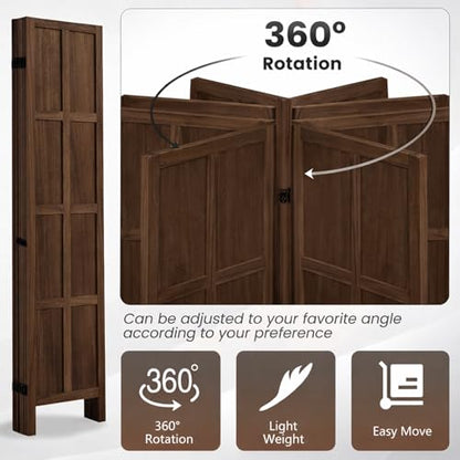 6 Panel Wood Room Divider and Folding Privacy Screen 67″, Brown | Solid Paulownia Wood Room Partition with 360° Hinges, Freestanding Wall Divider for Room Separation, Home, Bedroom, Office - color: 6 Panels Brown, size: 6 Panels