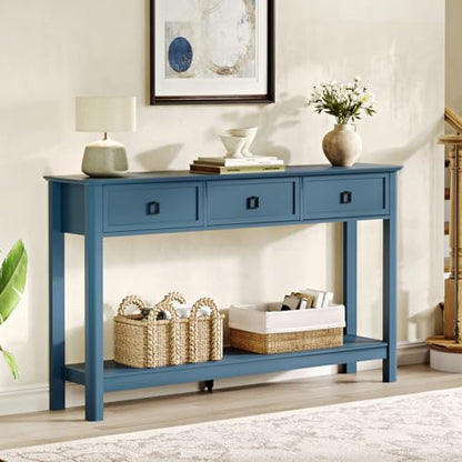 Treocho 53.1" Console Table with 3 Drawers, Sofa Table Behind Couch, 2 Tier | Long Entryway Table with Storage, Modern, For Hallway, Living Room, Blue - color: Blue