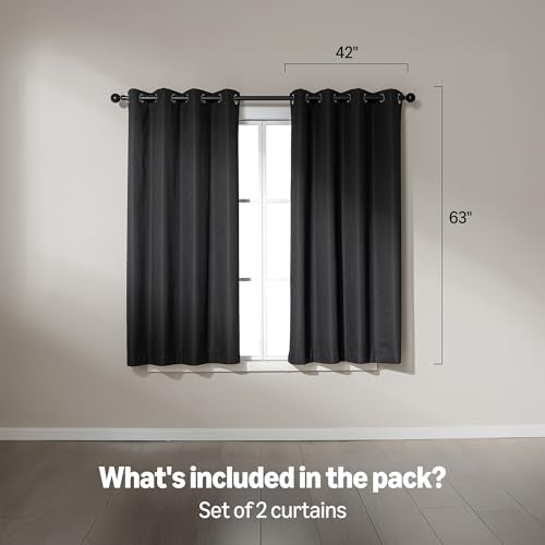 Amazon Basics Faux Linen Blackout Curtains for Bedroom and Living Room, 2-Piece Set with Grommets, 42" W x 63" L, Black - color: Black, size: 42"W x 63"L (Pack of 2)
