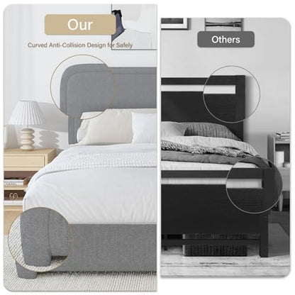 BarnFurin Twin Bed Frame, Cloud Boucle Headboard, Low Profile, Light Grey | Soft boucle and rounded edges create a low-profile cloud look. Wooden slats support the mattress without a box spring - color: Light Grey, size: Twin