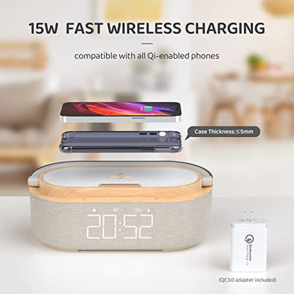 Bluetooth Speaker Alarm Clock & Wireless Charger for Bedside, Home, Office | FM Radio, Adjustable LED Night Light, 6 in 1 Bedroom Portable Speaker 2500mAh, Phone Stand - color: Beige