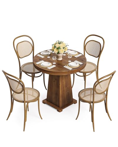 LITTLE TREE Solid Wood Round Dining Table, 31.5" Small Kitchen Table for 2, Modern Farmhouse Dinner Table for Dining Room, Kitchen, Living Room, Artistic Geometric Base, Table Only (Rustic Brown) - color: Rustic Brown