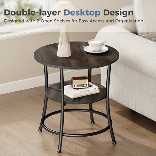 OLIXIS 21.85-Inch Round End Table, 2-Tier Side Table for Living Room, Accent Stand with Storage Shelf, Sturdy Metal Frame Nightstand for Small Space, Round Bedside, Grey Wood Grain - color: Grey Wood Grain