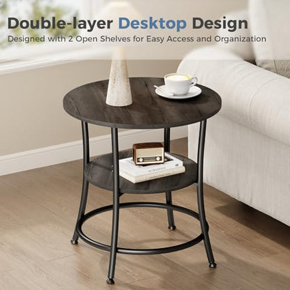 OLIXIS 21.85-Inch Round End Table, 2-Tier Side Table for Living Room, Accent Stand with Storage Shelf, Sturdy Metal Frame Nightstand for Small Space, Round Bedside, Grey Wood Grain - color: Grey Wood Grain
