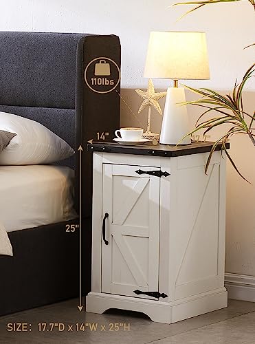 Farmhouse 17" Nightstand with Charging Station, White | Rectangular/ Rustic End Table with Barn Door /Adjustable Shelf/ Wood Sofa Side Table/ for Living Room, Bedroom - color: White Color