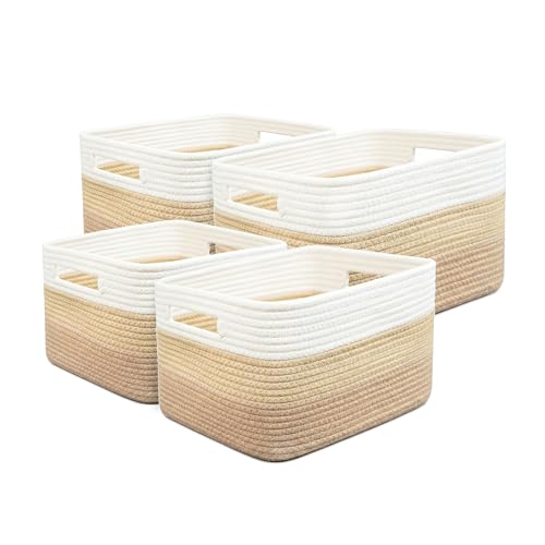 4 sets of hand-woven cotton rope storage boxes, suitable for toys, books, clothes, bathrooms, car trunks used for organizing decoration, Khaki color Two 16x14x7 in two 14x10x7in - color: Coffee color