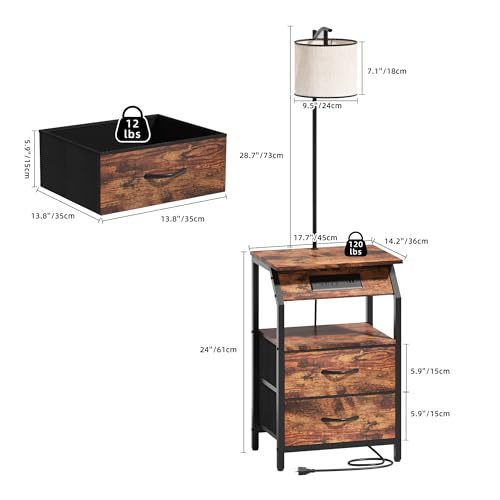 End Table with Floor Lamp, Nightstand with Charging Station, Floor Lamp Table with 3-Color Temperature Bulb, Bedside Table Night Stand with 2 Drawers for Bedroom, Living Room, Brown - color: Brown 2 Drawers
