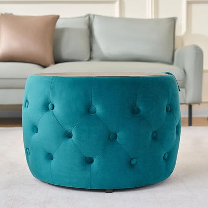 23" Velvet-Upholstered Accent Side Table, Modern Nesting Side Tables with Hidden Storage, Space-Saving Nesting Coffee Table Set with Wood Tray for Living Spaces, Blue - color: Blue
