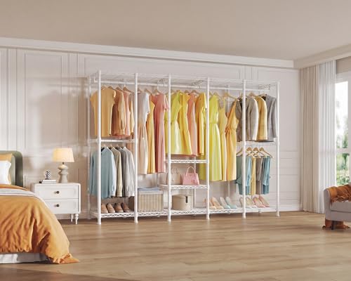 Higeego H5 Clothing Rack for Hanging Clothes, Heavy Duty Closet Rack, White | Large Garment Rack, 93.3"Wx15.7"Dx75.4"H, Freestanding Wardrobe Closet, with Adjustable Shelf, Load 1400 lbs - color: White