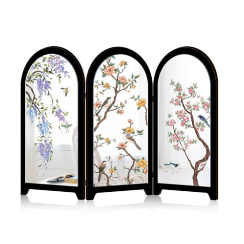 Mini Folding Screen, 3 Panel Divider, Chinese Style Vintage Desktop Mirror Privacy Shield Tabletop Feng Shui Ornaments for Home Office Decoration - color: C