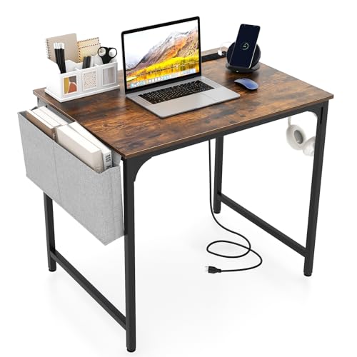 Giantex 32 Inch Computer Desk with Charging Station, Home Office Writing Desk with Storage Bag & Headphone Hook, Compact Gaming Table PC Workstation, Modern Simple Laptop Desk for Bedroom, Study - color: Rustic Brown, size: 32"