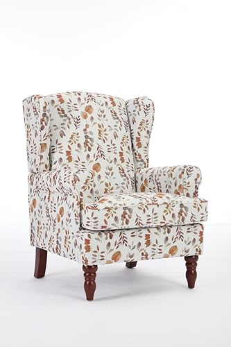 GDFStudio Modern Wingback Accent Chair with Solid Wood Legs and Cushion, Comfy Upholstered Floral Pattern Armchair, Retro Leisure Single Sofa Chair for Living Room Bedroom Home, Brown+Yellow - color: Brown+yellow