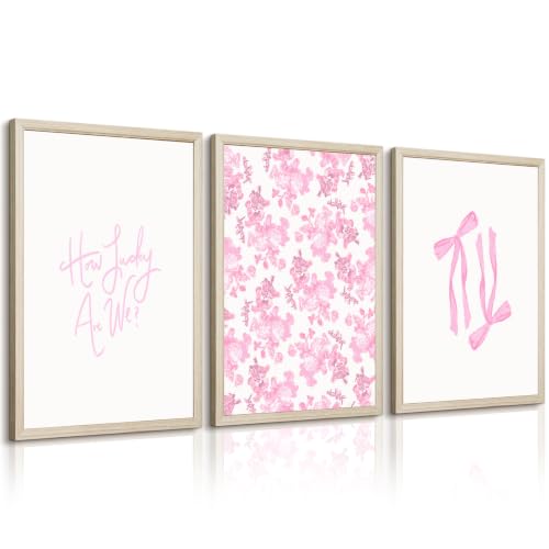 Pink Bow Floral Wall Art Preppy Canvas Room Decor How Lucky Are We Wall Art Coquette Flower Bow Poster Preppy Aesthetic Pictures Girly Trendy Prints for Living Room Bathroom 12x16x3 Inch Framed - color: Pink Luck Art Prints, size: 12x16 Inch Wood Framed