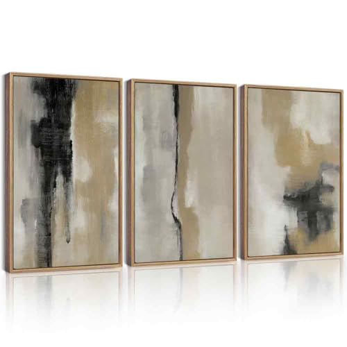 KUVIOKE Black Gray Abstract Framed Wall Art Neutral Wall Decor Minimalist Modern Illustrations Art Print for Living Room Bedroom 16x24in (Natural Framed) - color: Black Gray Abstract, size: 16 x 24in x 3 Panels Natural
