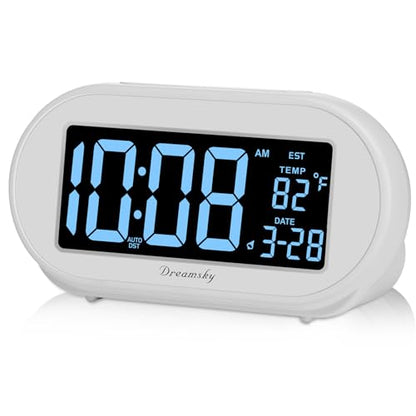 DreamSky Alarm Clocks for Bedrooms, Auto Set Digital Clock with Date & Temp | Electric Desk Clock with Dimmable Brightness Dimmer for Bedside Nightstand, Auto DST, USB Port, Temperature, Snooze - color: White