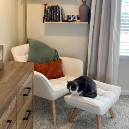 White Sherpa Accent Chair with Ottoman ，Modern Reading Chairs with Ottoman Set, Comfy Fuzzy Armchair Living Room Chair Lounge Chair with Wood Legs for Small Spaces Bedroom Apartment - color: White, size: Chair with Ottoman