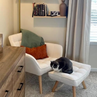 White Sherpa Accent Chair with Ottoman ，Modern Reading Chairs with Ottoman Set, Comfy Fuzzy Armchair Living Room Chair Lounge Chair with Wood Legs for Small Spaces Bedroom Apartment - color: White, size: Chair with Ottoman