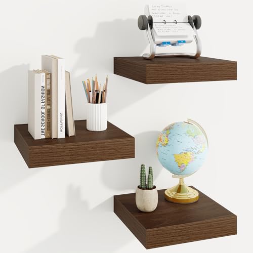 Square Floating Shelves for Wall, 10"W x 10"D x 1.25"H, 3 Packs Small Wall Mounted Engineered Wood Shelves with Invisible Brackets for Living Room, Bedroom, Bathroom, Kitchen Decor, Walnut - color: Dark Walnut, size: 10"W x 10"D, 3 Packs