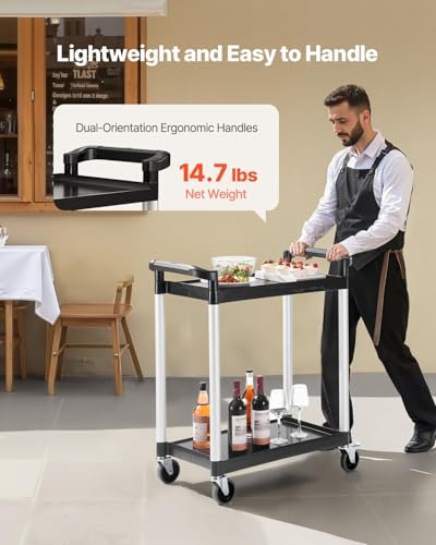 VEVOR Utility Cart, 300 lbs Load Capacity, 2-Tier Utility Plastic Cart with 360° Swivel Wheels (2 with Brakes), 24.4 x 16.1-inch Food Service Cart for Warehouse, Office, Home, Restaurant, Kitchen - style: 2 Tier-300LBS