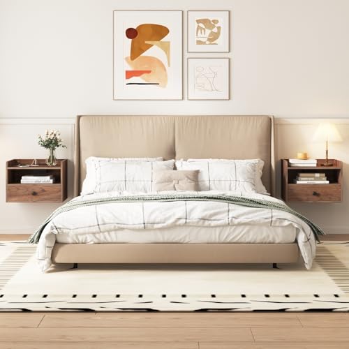 Floating Nightstand Set of 2 Modern Night Stands with Drawer and Open Shelf | Cubby Small Bedside End Table with Charging Station Wall Mounted Nightstands Set 2 for Bedroom Brown Walnut - color: Brown